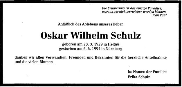 Schulz Oskar Wilhelm 1929-1994 Todesanzeige